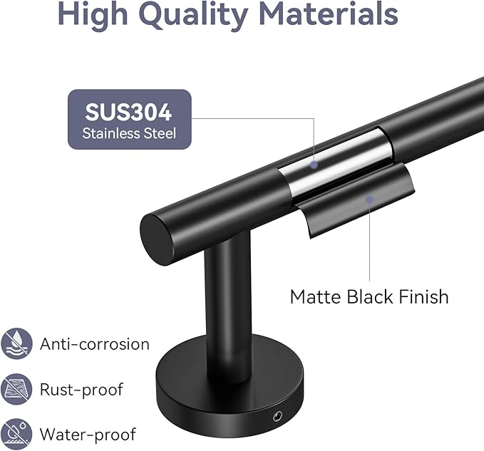 Matte Black Towel Bar, 18 Inch Towel Rack for Bathroom Wall-Mounted, SUS304 Stainless Steel, Total Length 20 Inch