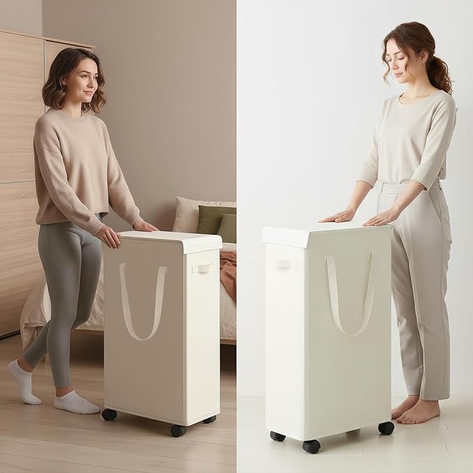 Slim Laundry Hamper with Lid and Wheels, Small Rolling Laundry Basket with Handle for Small Spaces, Tall Dirty Clothes Hampers for Dorm, Bathroom and Bedroom, 85L, Beige