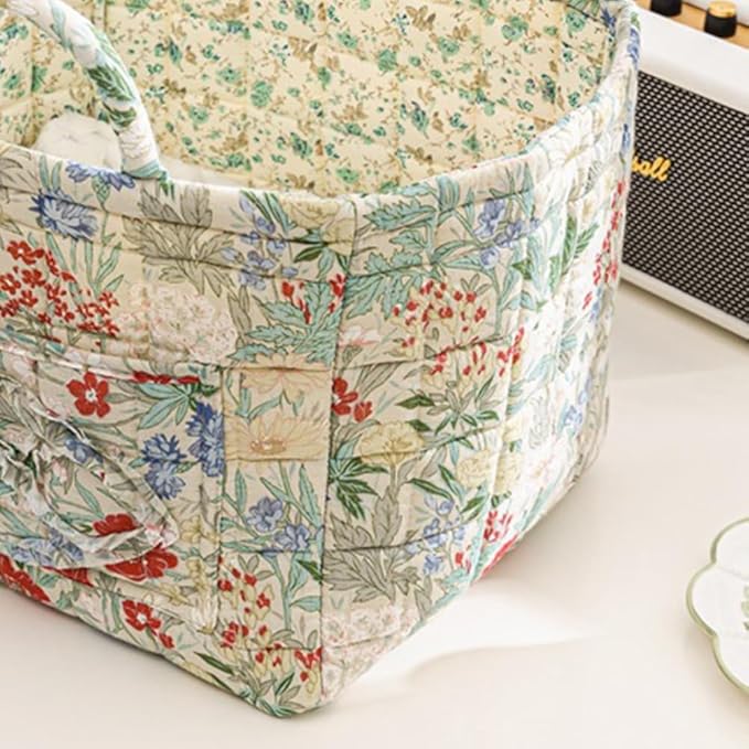 Quilted Fabric Storage Basket Boho Floral Laundry Hamper with Handle Foldable Floral Basket Organizer for Car Bedroom
