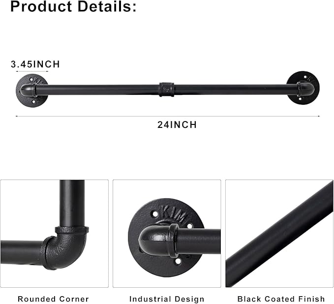 24 Inch Industrial Pipe Towel Bar Heavy Duty Towel Rack, Wall Mounted Towel Holder, Rustic Farmhouse Towel Rod for Bath Bathroom