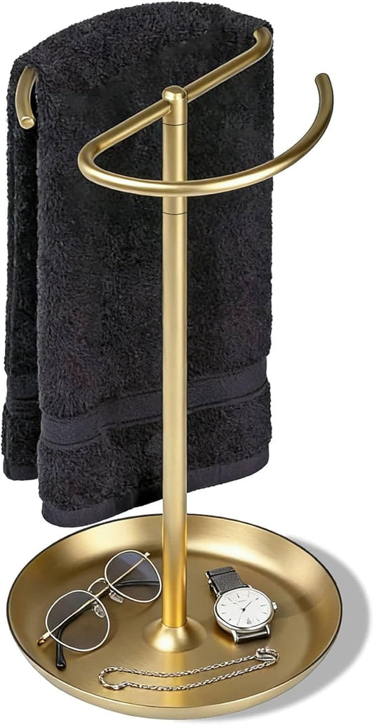 simpletome Towel Holder Stand Countertop with Storage Tray Non-Slip Weighted Base for Bathroom (Brushed Gold)