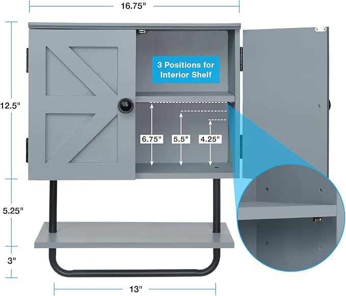 EXCELLO GLOBAL PRODUCTS 17x21” Barndoor Bathroom Wall Cabinet, Space Saver Storage Cabinet Kitchen Medicine Cabinet with Adjustable Shelf and Towel Bar, Rustic Gray