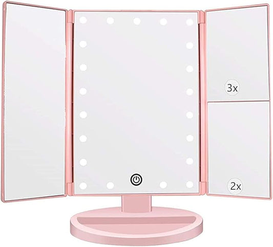 Flymiro Tri-fold Lighted Vanity Makeup Mirror with 3x/2x Magnification,Light up Mirror for Makeup,Touch Screen 21 LEDs,180° Rotation Countertop Cosmetic Mirror,Gifts for Women Mom Teen Girls