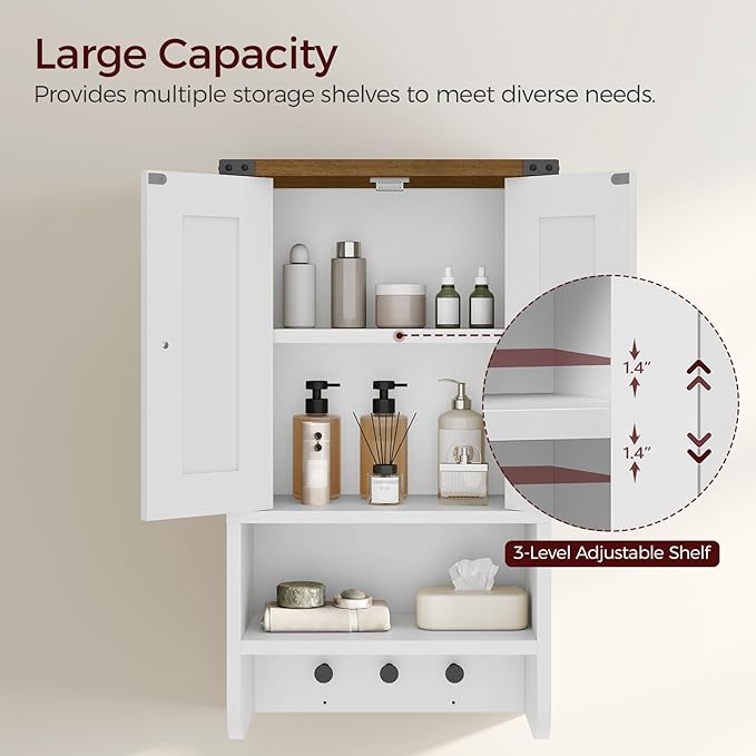 MAHANCRIS Bathroom Wall Cabinet, Farmhouse Medicine Cabinet with Adjustable Shelf, 3-Tier Wall-Mounted Storage Cabinet with 3 Hooks and Open Shelf, for Bathroom, Living Room, Kitchen, White and Walnut