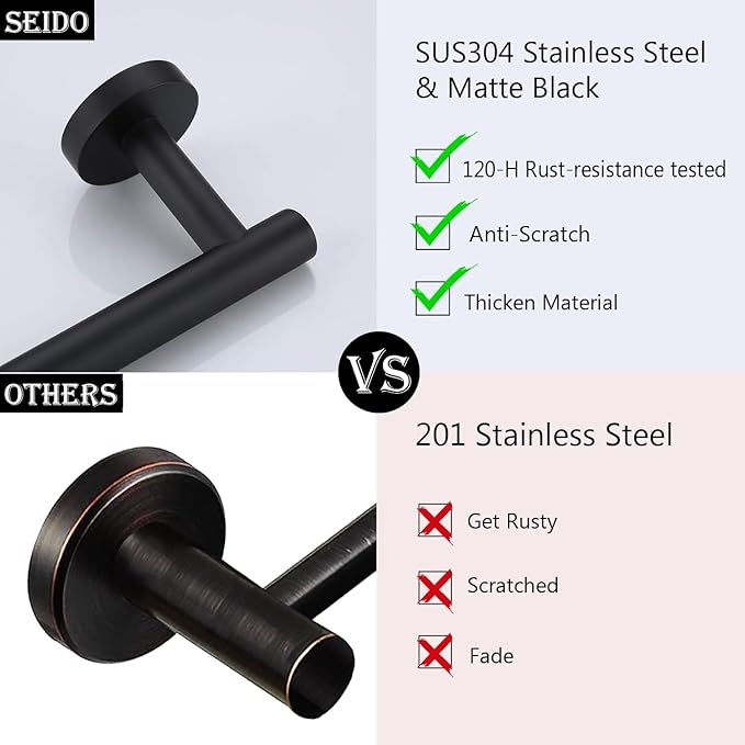 SEIDO Anti-Dropping Towel Bar with 6.7" Usable Lenth, Stainless Steel Towel Rack for Bathroom Wall, Double Locking Design Towel bar for Bathroom, Matte Black, 9 inch, 2pc