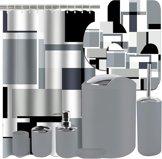 Lnond Grey Black Bathroom Set, 22-Piece Grey Black Geometry Bathroom Decor Set with with Shower Curtain and Rugs, Trash Can, Toilet Brush Holder Set & Soap Dispenser