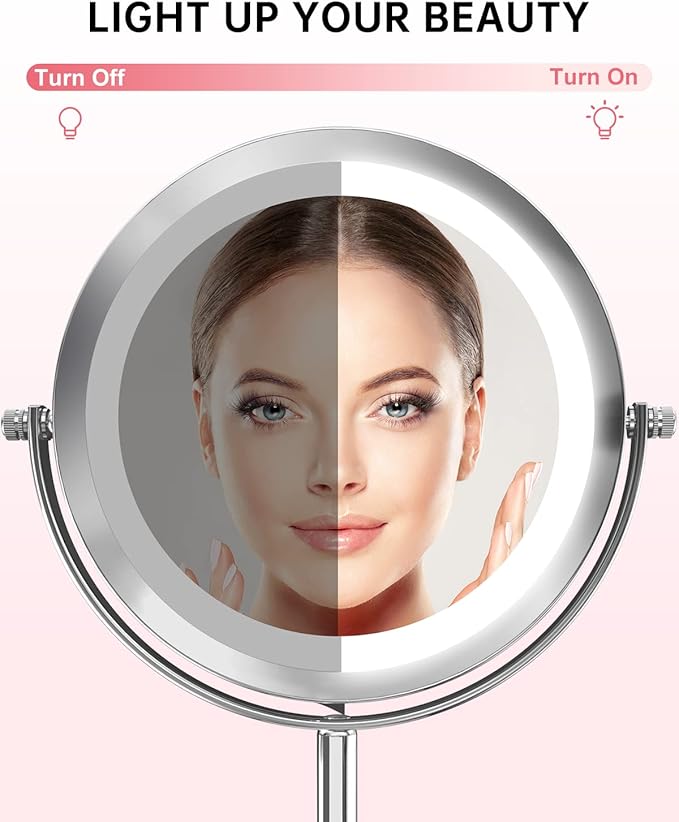 Gospire 7" Lighted Makeup Mirror with Magnification 10X/1X Double Sided, Round Magnifying LED Vanity Standing Cosmetic Shaving Mirror with Battery Operated, Cordless Portable for Bathroom Bedroom