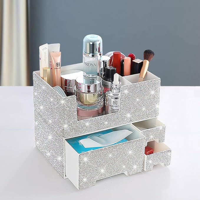 Luxury Bling Rhinestone Multi-functional Makeup and Daily Necessities Storage Box Organizer with Drawers - Large Capacity, Versatile Desktop Cosmetic Organizer (Silver)