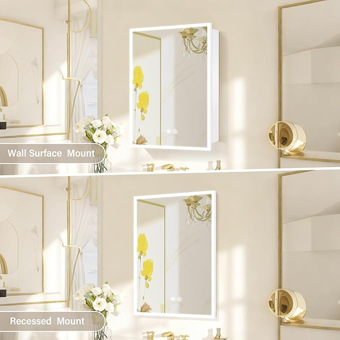 LED Medicine Cabinet,Recess Mirror Cabinet for Bathroom,3 Color,Dimmable,Demister, Detachable Side Panel for Recess Mount or Surface Mount,USB Shaver Socket, Internal Lighting,16x24inch,White