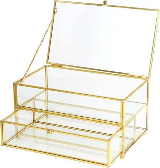 2-Tier Vintage Clear Desk Organizer with Drawer,Gold Decorative Storage Boxes,Jewelry Holder Display Tray Trinket Boxes Glass Memory Keepsake Box Dresser Vanity Wedding Decor Gifts for Her (Gold)