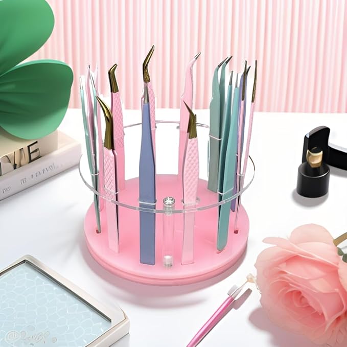 12 Holes Rotatable Acrylic Tweezers Holder, Grafting Eyelash Makeup Tweezer Stand Display Extensions Organizer Individual Training Tools (Pink)