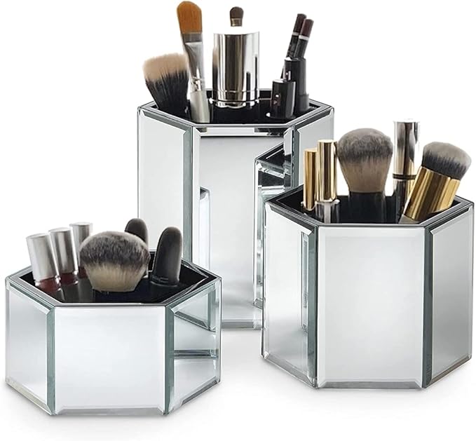 OnDisplay Tressa Set of 3 Hexagon Mirrored Trays for Makeup/Cosmetics, Brushes, Office, Jewelry and Accessories (Silver)