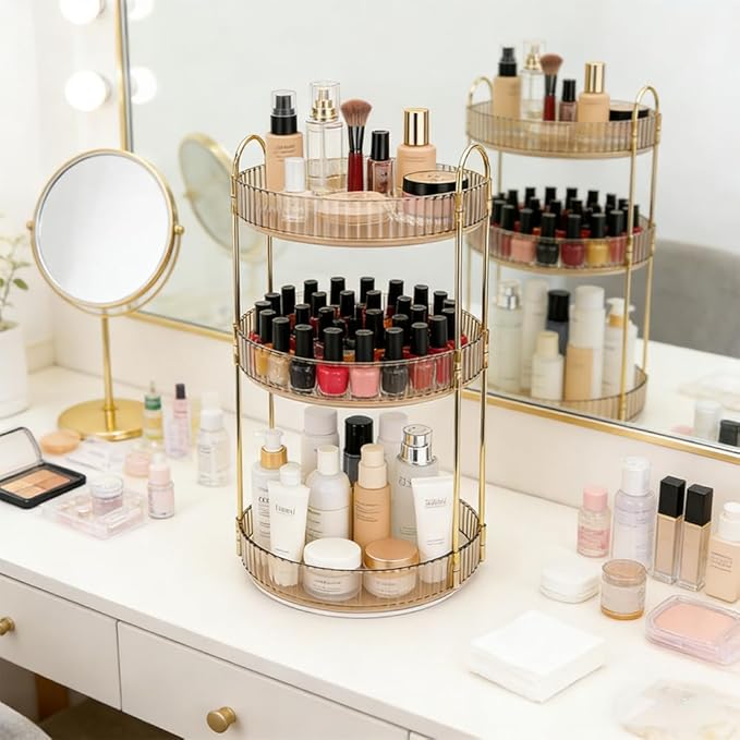 AKAZA 360 Rotating Makeup Organizer, 3-Tier Lazy Susan Turntable - Spinning Holder for Bathroom, Vanity, Skincare, Perfume, Spice, Toiletries, Acrylic Countertop Storage for Home (YELLOW)