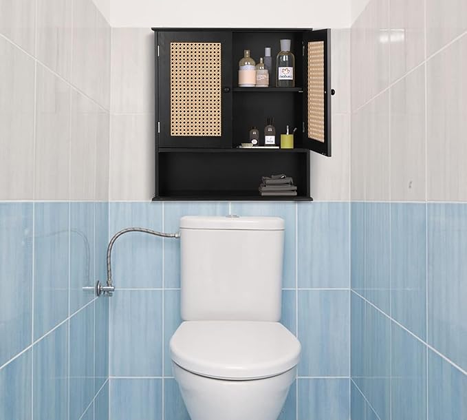 ZYBT Bathroom Medicine Cabinet Wall Mounted,Black Rattan Storage Towel Cabinet for Bathroom Storage Over The Toilet, Floating Hanging Cabinet for Small Spaces Kitchen Laundry Living Room