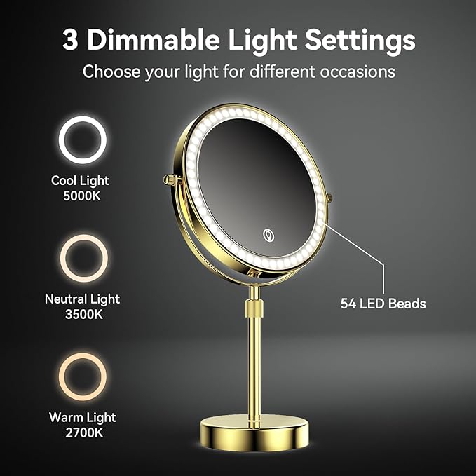 Nicesail 8” Rechargeable LED Magnifying Makeup Mirror with 3 Color Lights and 10X Magnification, Height Adjustable Stand up Lighted Magnifying Mirror, Double Sided 360°Rotation, Shiny Gold Finish