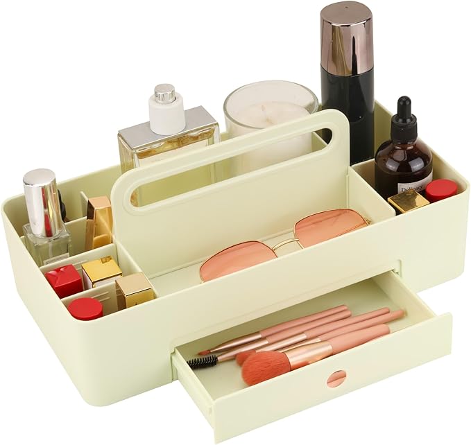 Multipurpose Caddy Organizer with Handle -8 Compartments and 1 small drawer - Art Craft Supplies, Office, Desk, Stationery Pen Holder, Makeup, Bathroom, Shower, Cleaning, Dorm Organizer - Green