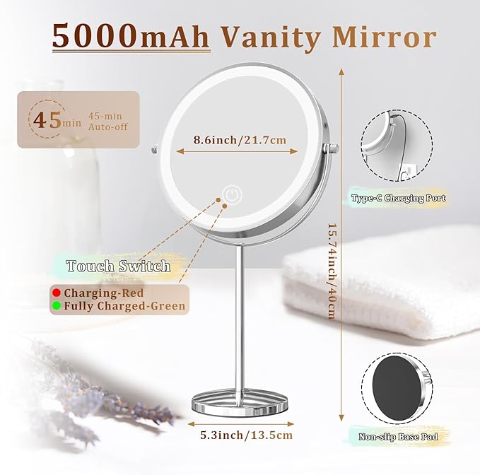 9in Vanity Mirror with Lights, Rechargeable&Dimming Lighted Makeup Mirror, 3X/20X Double Sided Magnifying Mirror,5000mAh,360 Rotate,3 Color Lights,Brightness with 80 LED,No Height Adjustment,Nickel