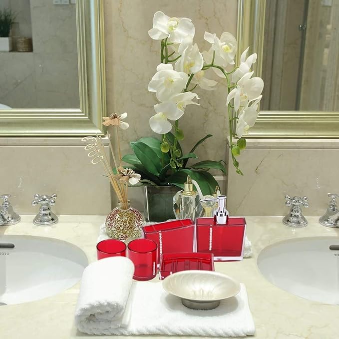 Red Bathroom Accessories Set Bathroom Designer 5-Piece Bath Accessory Set,Acrylic Gift Set Toothbrush Holder Toothbrush Cup Dispenser Dish Toilet Brush Holder Trash Can Tumbler