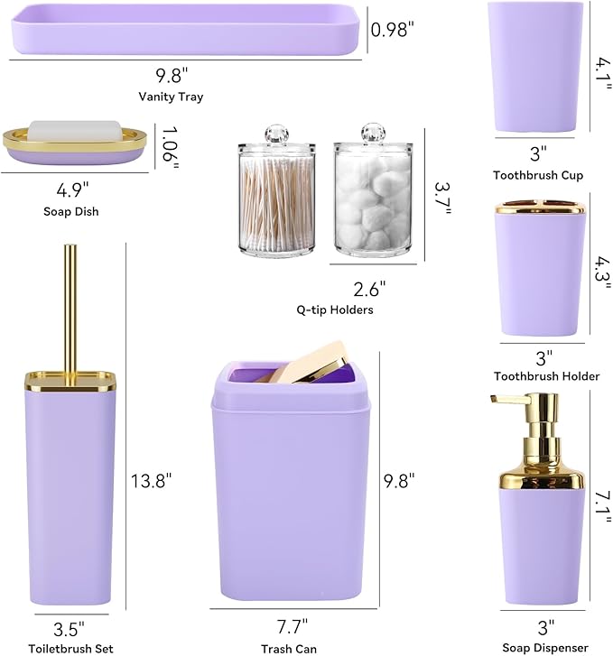XLHOMO Purple Bathroom Accessories Set, Purple and Gold Bathroom Accessories with Trash Can, Soap Dispenser, Soap Dish, Toothbrush Holder and Q-tip Holders