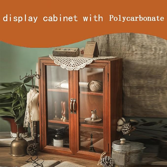 Vintage Countertop Cabinet14.5"x5.2"x18"Medicine Cabinet,Display Case with Organic Glass Door,Kitchen Cabinets with Drawers,Spice Cabinet,Apothecary Cabinet,Organization and Storage (Brown)
