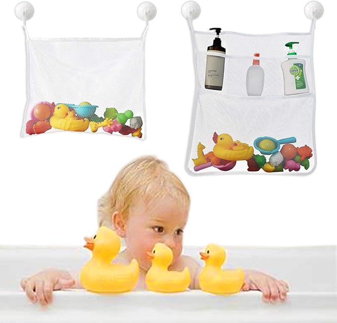 TTSAM Bath Toy Organizer Mesh Storage Organizer Baby Shower Toys Bathtub Net Bag Kids Quick Dry Bathtub Mesh Net Bathtub Toy Holder 2 X Bathroom Storage Bag & 6 X Strong Suction Hooks (White)