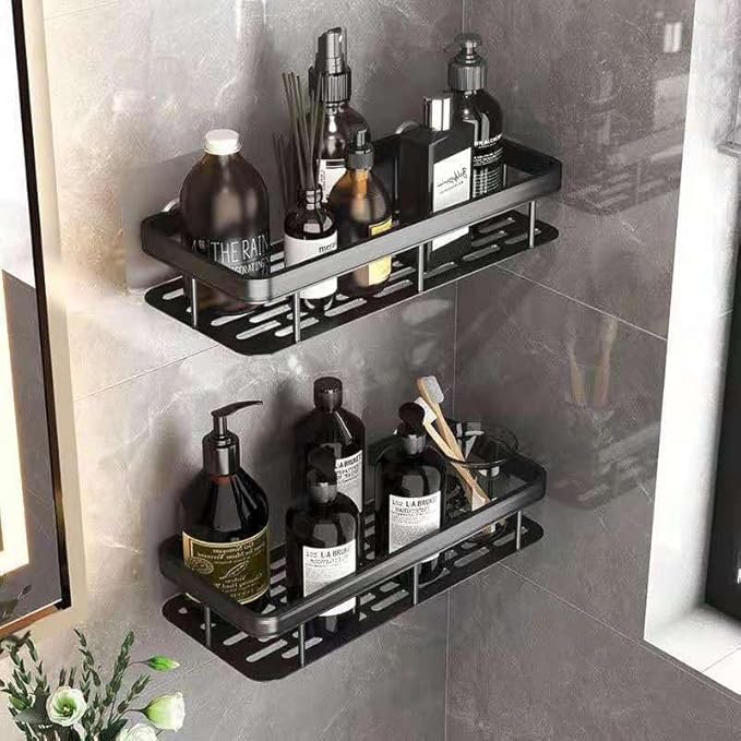 Fadflurry® Self-Adhesive Multipurpose Wall Mounted Bathroom Shelf and Rack for Bathroom and Kitchen, Space Saving Bathroom Organizer Shelf, Punch Free Wall Shelves, Wall Stand (Black Pack of 1)