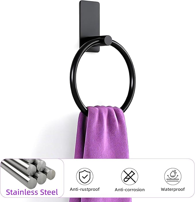 2 Pack Towel Ring, Hand Towel Holder for Bathroom, Self Adhesive Round Hand Towel Rings, Stainless Steel Towel Hanger Heavy Duty Towel Racks Stick On Wall for Kitchen, Matte Black