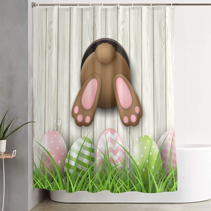 LOKMU 4 Pcs Shower Curtain Sets with Non-Slip Rugs, Toilet Lid Cover and Bath Mat,Easter Bunny on White Wooden Waterproof Shower Curtain with 12 Hooks, Bathroom Decor Sets, 72" x 72"