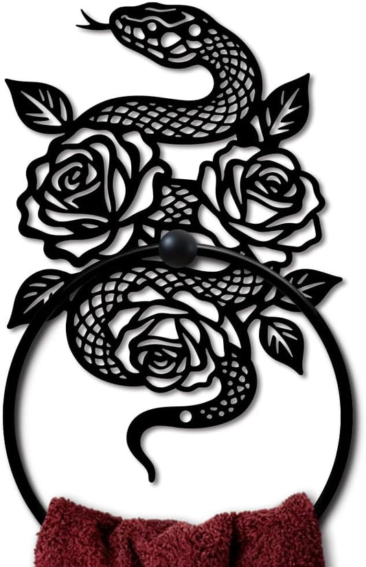 MAYJOYDIY Snake Metal Towel Ring Round Snake Flower Hand Towel Holder Ring Hanger Black Vintage Towels Wall Organizer for Kitchen Bath Home Laundry Room Decors Gifts
