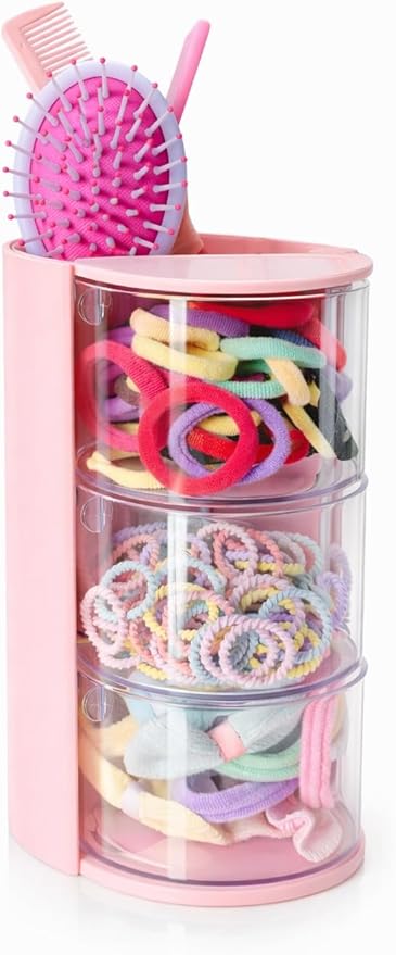 3-Layer(pink) Clear Hair Accessories Organizer,Hair Caddy Organizer,with Hair Brushes Holder Rotatable Small Jewelry Box for Hair Clip, Earring Necklaces, Makeup Brush, Hair Accessories.