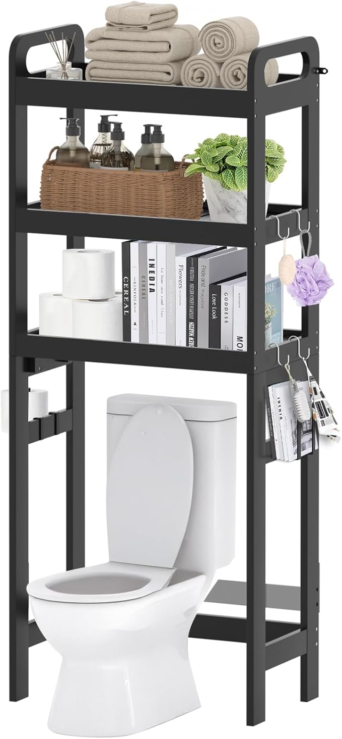 Over The Toilet Storage Shelf, 3 Tiers Space Saver Bathroom Organizer Shelves with Toilet Paper Holder and Hooks, Freestanding Toilet Rack for Washroom Balcony, Black