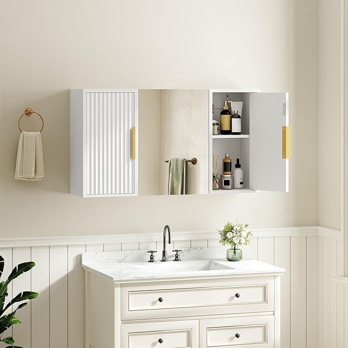 YATINEY Bathroom Wall Cabinet with Mirror, Medicine Cabinet Mirror, Wall Mounted Medicine Cabinet, Mirrored Door Over The Toilet Storage, for Laundry Room, Bedroom, Camper, Hallway, White