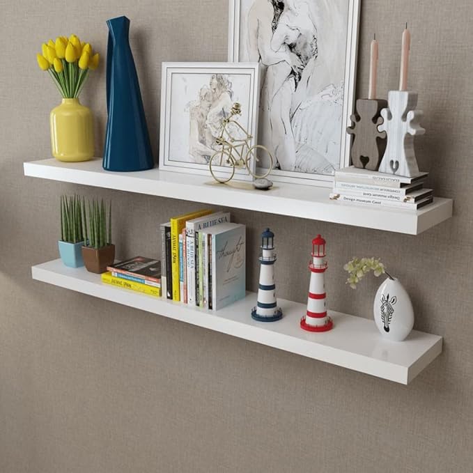 Set of 2 Floating Wall Shelves 47.2 Inch Long, Modern White MDF Wall Mounted Storage Shelves for Living Room, Bedroom, and Office Organization, Decorative Display Ledge
