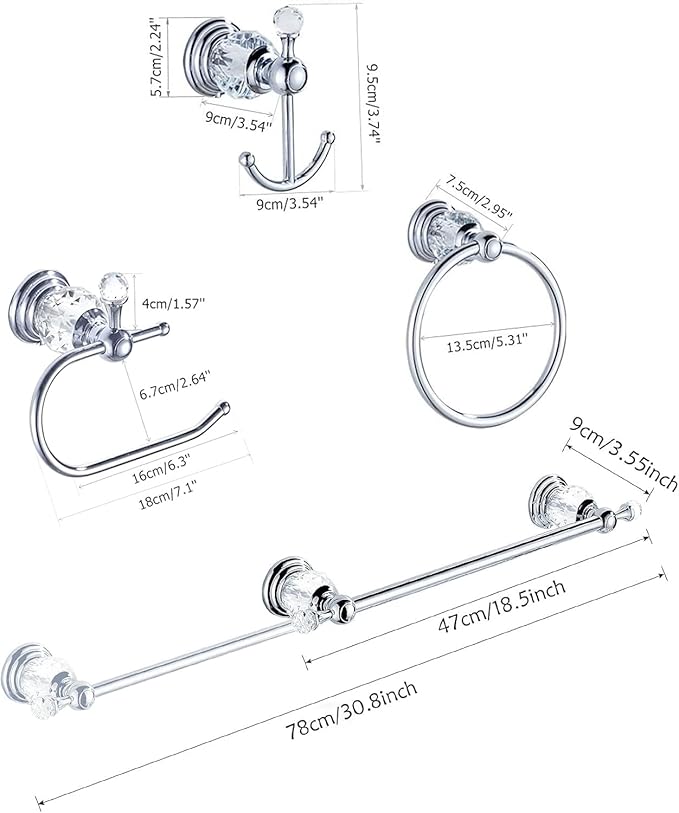 Crystal Bathroom Accessories,Chrome Towel Bar Set Adjustable,Polished Silver Toilet Paper Holder Towel Ring Coat Hooks Bathroom Hardware 4 Pieces Wall Mounted