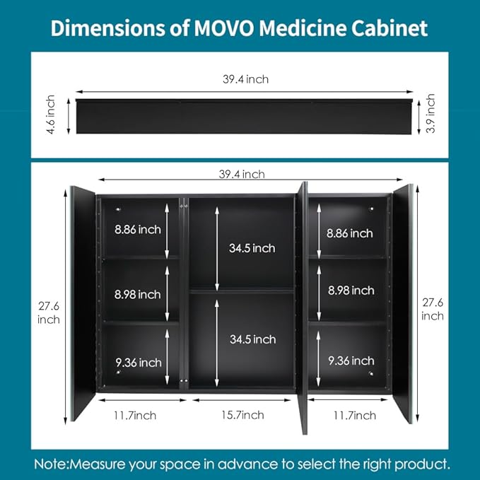 Movo 40 Inch x 28 Inch Black Bathroom Mirror Medicine Cabinet, Frameless Large Wall Mount Medicine Cabinet with 3 Doors,Rmovable Shelves