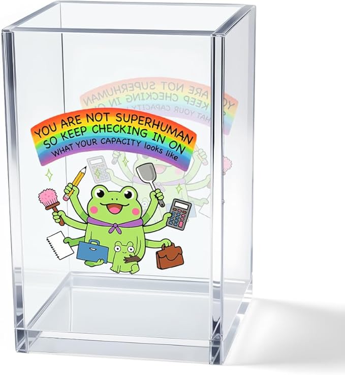 You Are Not Superhuman Acrylic Cosmetic Pencil Pen Holder Cup, Boho Cute Frog Desk Organizer Accessory for Home Office Decor, Frog Lovers Gifts, Funny Sarcastic Work Gifts for Women Men Coworker