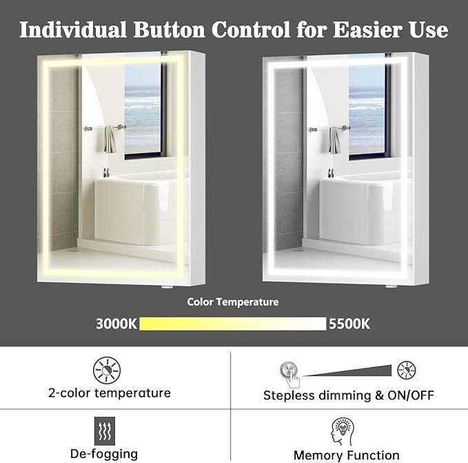 32 x24Inch LED Medicine Cabinet Mirror with Lights for Bathroom, Defogger,Stepless Dimmable,3000K/5500K Color Temperature Wall Mounted Makeup Mirror, Adjustable Shelf (Assembly Required)