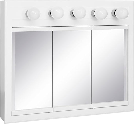 Design House Concord Medicine Cabinet, 3 Mirrored Doors, Pre-Assembled, Surface Mount, 5 Lights, White Wood Frame Wall Cabinet, 36 in W x 5 in D x 30 in H, 532390-WHT