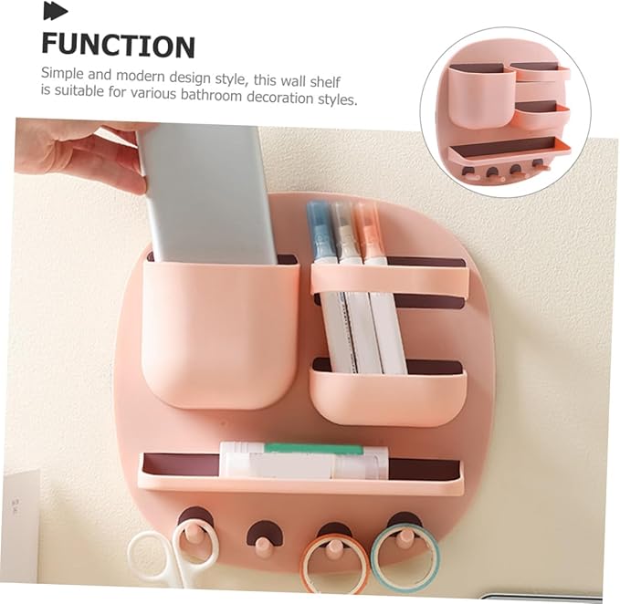 VICASKY Wall Mount Bathroom Shelf Organizer with 3 Compartments and 4 Hooks, Floating Pink Wall Holder Storage Rack for Toiletries and Bathroom Accessories