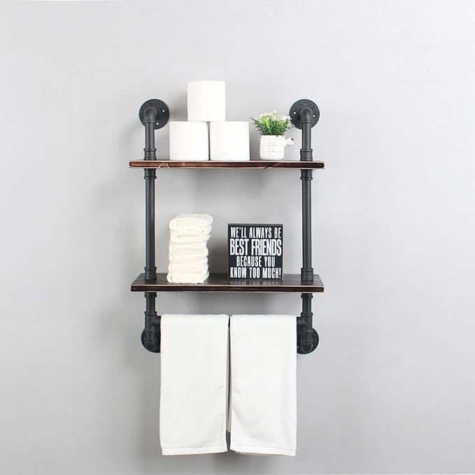 Industrial Pipe Shelf Bathroom Shelves Wall Mounted,19.6in Rustic Wood Shelf with Towel Bar,2 Tier Farmhouse Towel Rack Over Toilet,Pipe Shelving Floating Shelves Towel Holder,Retro Black