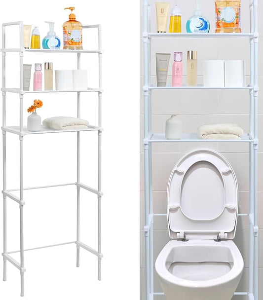 Over The Toilet 3-Tier Storage Cabinet, Above Toilet Storage Rack, Behind Toilet Shelf, Bathroom Organizer Freestanding Toilet Shelf Space Saver for Home Bathroom (White)