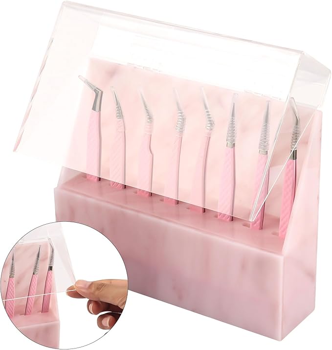8 Holes Dust proof Tweezer Storage Rack,Acrylic Tweezer Display Stand Holder Eyelash Extension Supplies Lash Accessories Tools (Marble Pink)