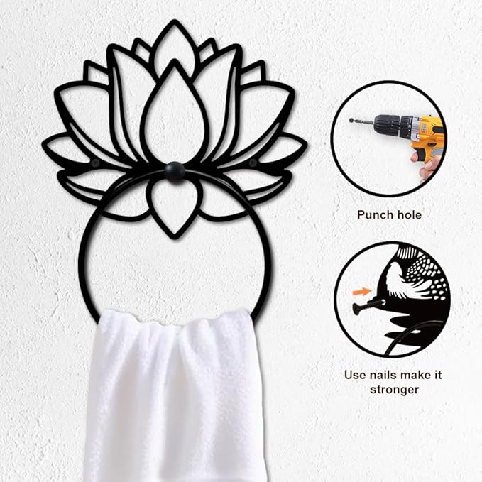 MAYJOYDIY Lotus Flower Metal Towel Ring Holy Lotus Towel Holder Plant Wall Decor Towel Hanger Black Art Towel Rack Wall Mounted for Bathroom Kitchen Home Decors Gift
