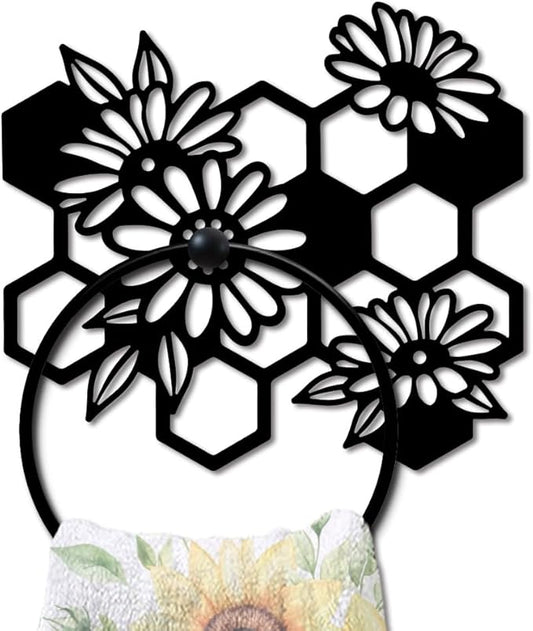 MAYJOYDIY Beehive Flowers Metal Towel Ring Honeycomb Towel Holder for Wall Flowers Leaves Plants Black Art Towel Rack Wall Mounted for Bathroom Garden Kitchen Home Decors Gift