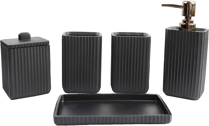 Hymmah Black Bathroom Accessories Set,Unique Design Bathroom Set 5 Pcs Resin Gift Set Apartment Necessities, Contain Cotton Swab Jar,Soap Dispenser,Soap Dish/Tray,Tumbler