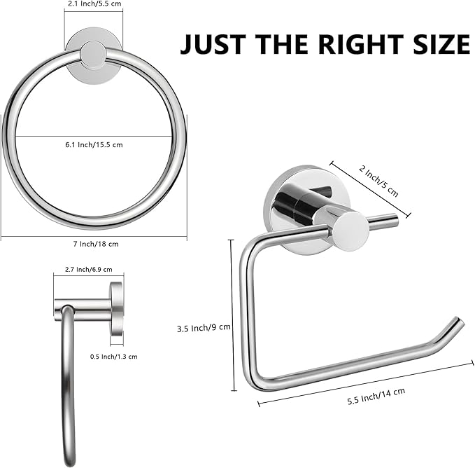 Towel Ring and Toilet Paper Holder Set, Stainless Steel Bath Towel Hanger and Tissue Roll Holders, Bathroom Hardware Accessories Wall Mounted 2 Pieces (Polished Chrome)