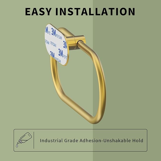 Adhesive Towel Holder for Bathroom Brushed Gold No Drill Hand Towel Ring Stainless Steel and Zinc Alloy Self Adhesive Towel Hanger for Bath, Kitchen