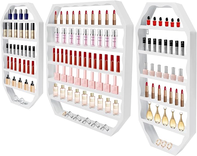 3pcs Wall-Mounted Nail Polish Storage Racks, Multi-Tiers Metal Display Racks With Middle Rack & 2 Side Racks,Metal Essential Oil Organizer Storage Racks For Homes, Nail Salons, Spas,Stores (White)