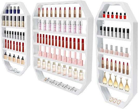 3pcs Wall-Mounted Nail Polish Storage Racks, Multi-Tiers Metal Display Racks With Middle Rack & 2 Side Racks,Metal Essential Oil Organizer Storage Racks For Homes, Nail Salons, Spas,Stores (White)
