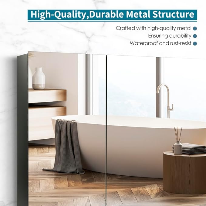 Movo 32 Inch x 28 Inch Mirrored Medicine Cabinet, Frameless Black Medicine Cabinet for Bathroom with Mirror,Surface Mount Bathroom Medicine Cabinet with Storage